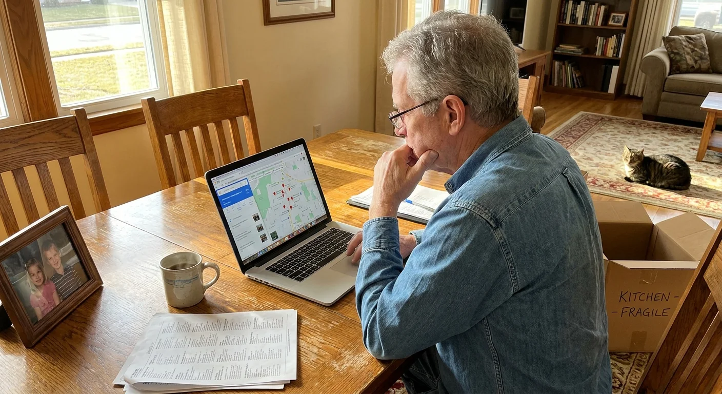 A senior man at a kitchen table looking at a map on a laptop next to moving boxes and a photo of his grandchildren.