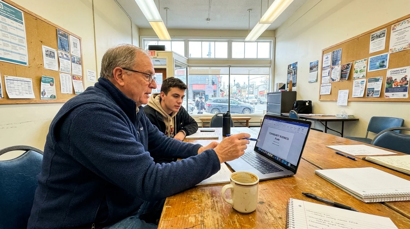 A senior man mentoring a young professional over a laptop in a casual community center setting.