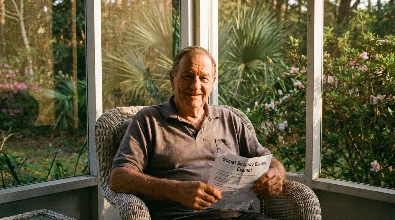 A senior man on a sunny porch holding a financial statement showing Social Security benefits as tax exempt.