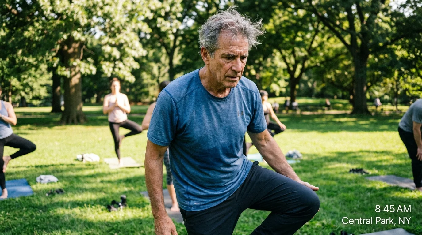 A senior man practices yoga in a sunlit park, highlighting the connection between health and retirement.