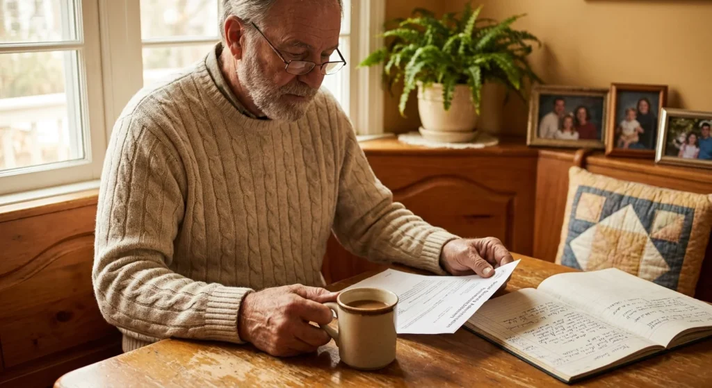 A senior man reviews financial documents in a sunny kitchen, representing careful retirement planning.