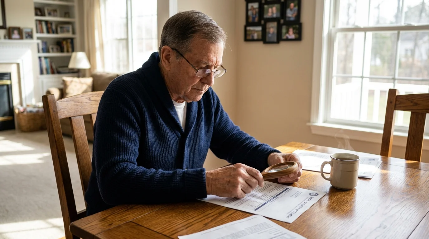 A senior man reviews his Social Security statement with a magnifying glass at a sunlit wooden table.