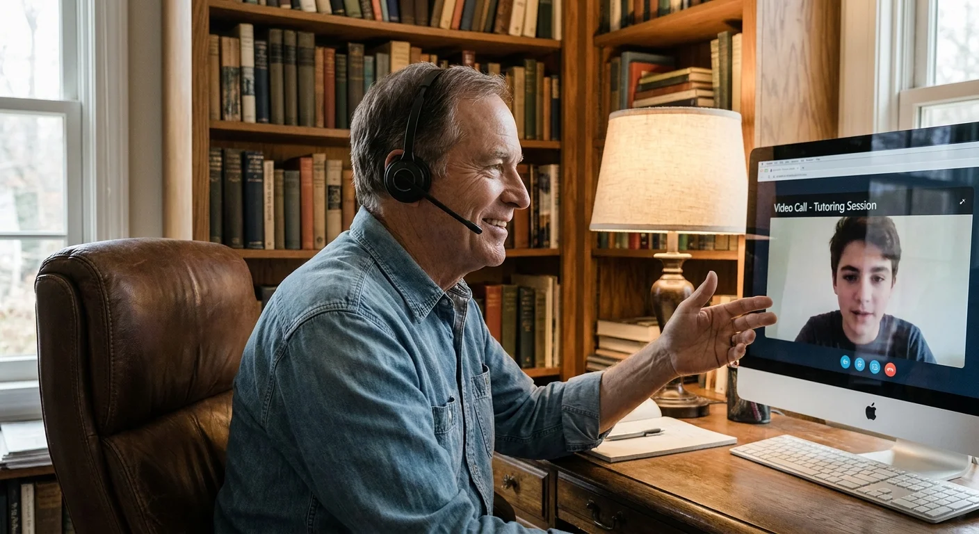 A senior man wearing a headset conducts an online tutoring session from his home library.