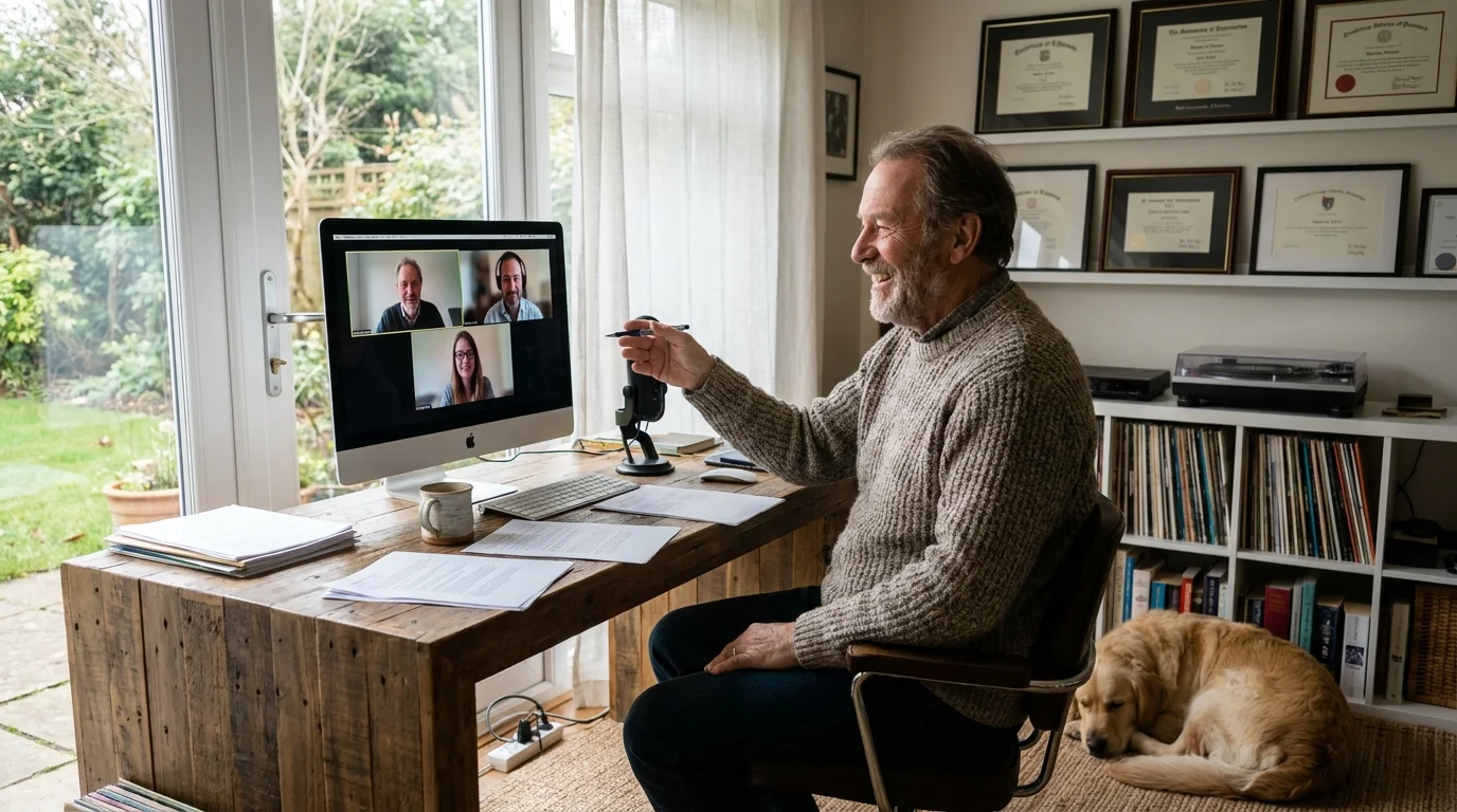 A senior man working comfortably in his home office, appearing engaged and satisfied with his flexible work.