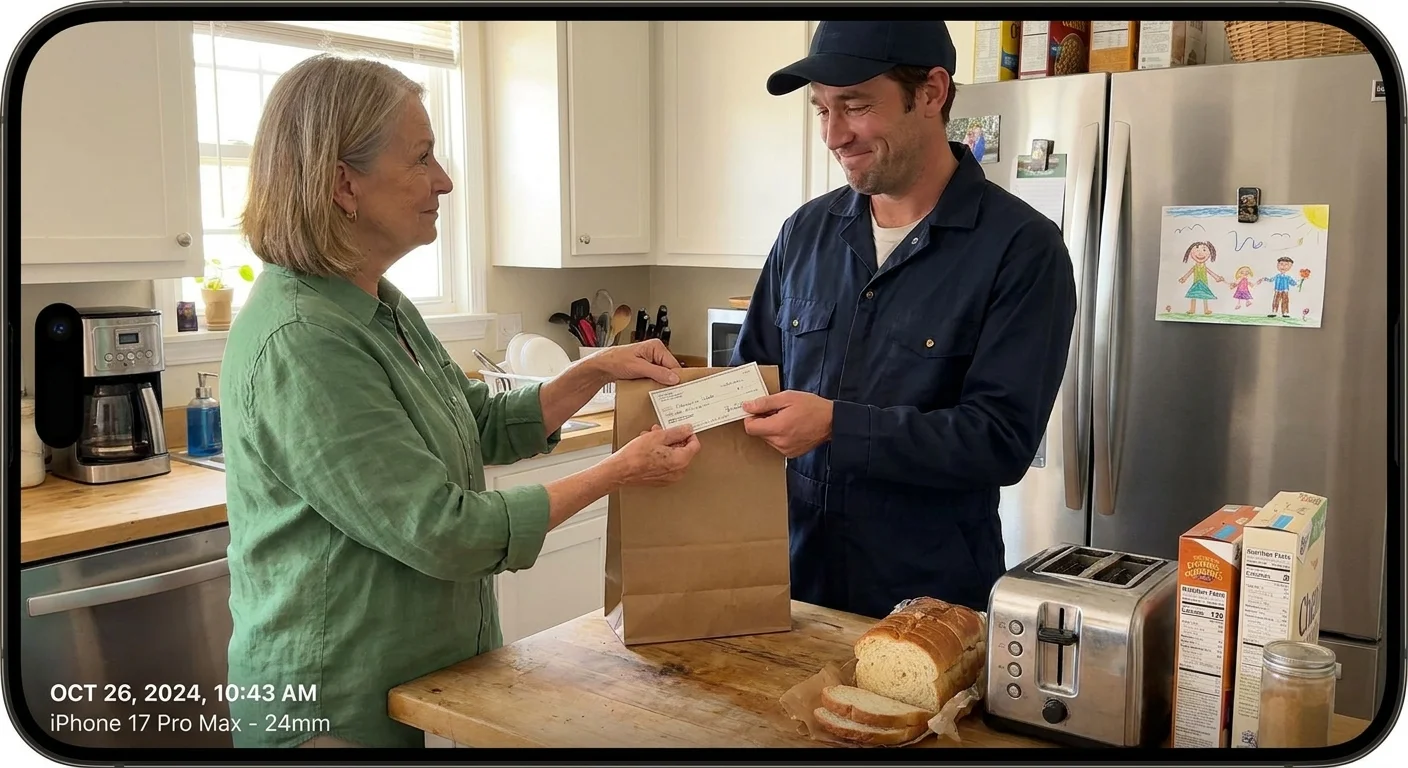 A senior mother handing a grocery bag and a check to her adult son in a kitchen setting.