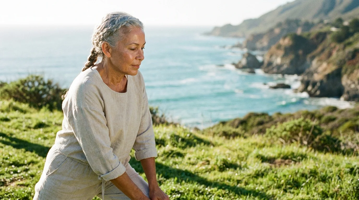 A senior woman in linen activewear stretching on a green Hawaiian hillside overlooking the turquoise ocean in morning light.