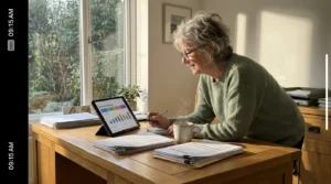 A senior woman reviews her 2026 retirement income strategy on a tablet in a sunlit home office.