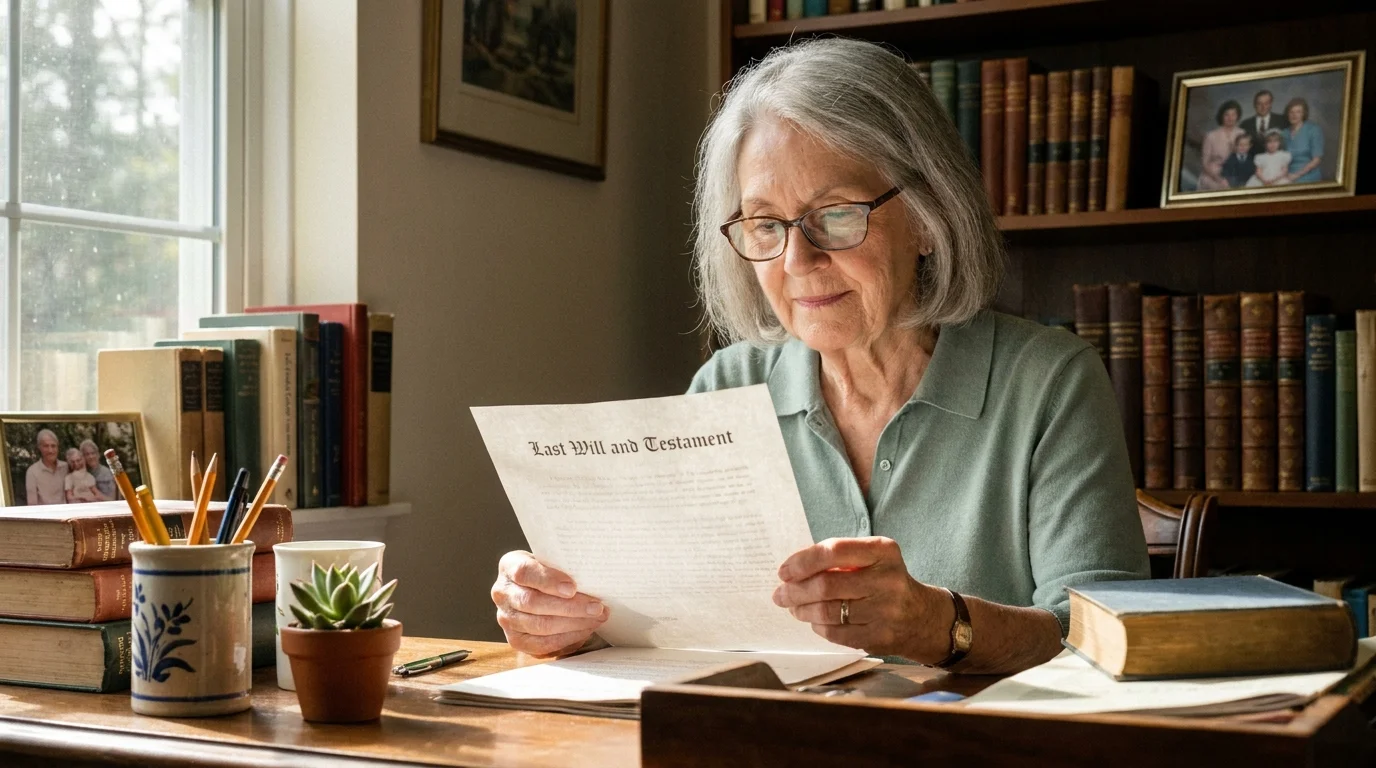 A senior woman reviews her estate planning documents in her home office, bathed in natural morning light.