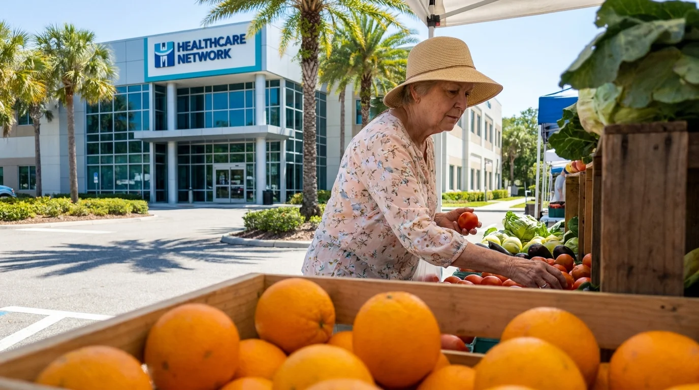 A senior woman shops at a sunny outdoor market in Florida, with a modern medical facility visible in the background.