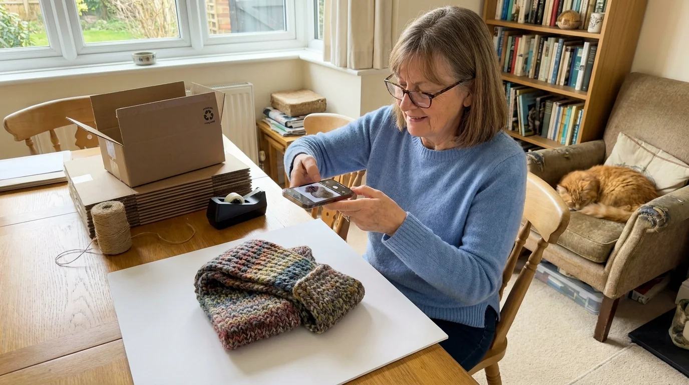 A senior woman using her phone to photograph a handmade scarf for her online shop at her dining table.