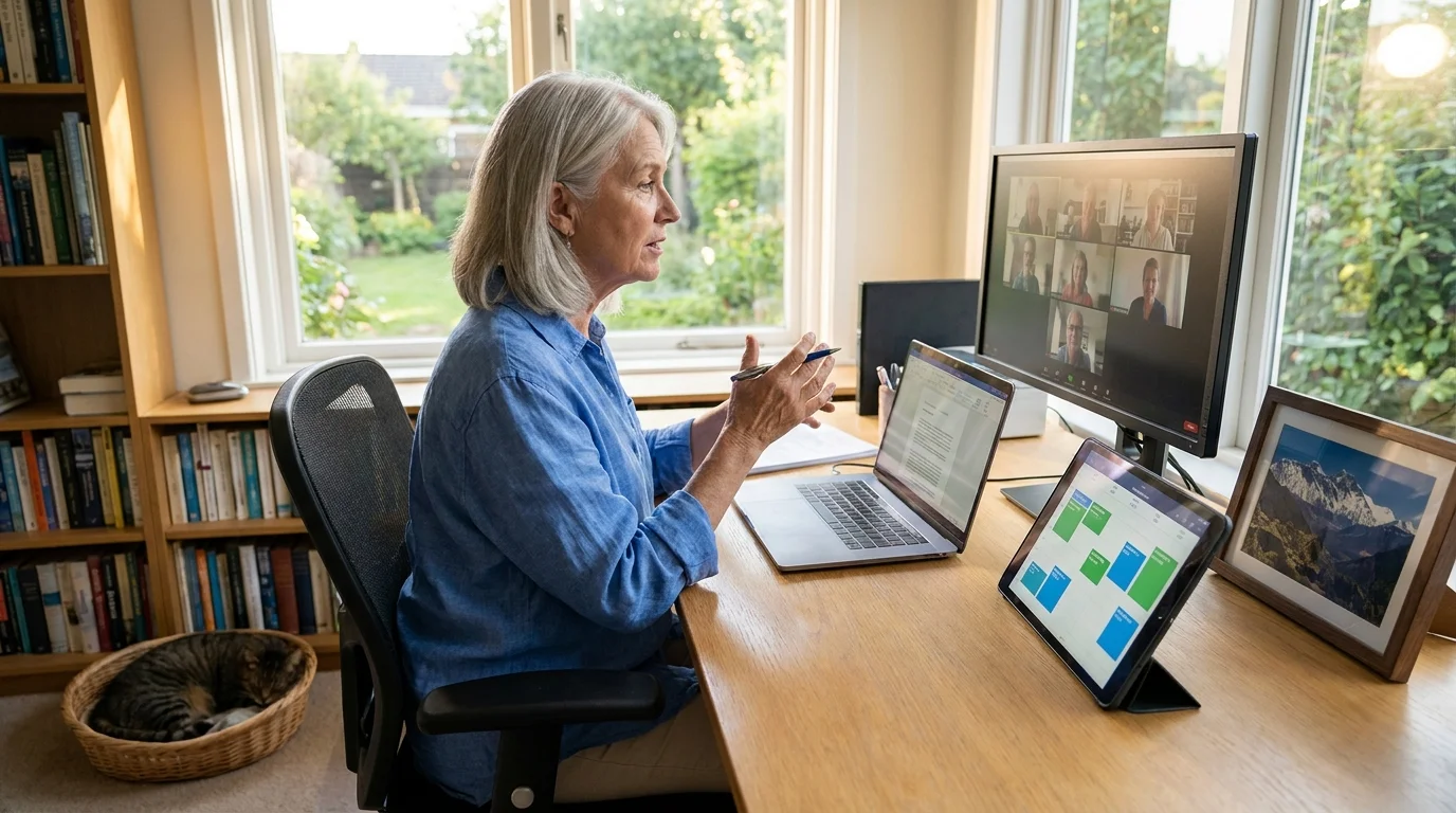 A senior woman working in a sunny home office with a calendar showing a mix of work and leisure days.