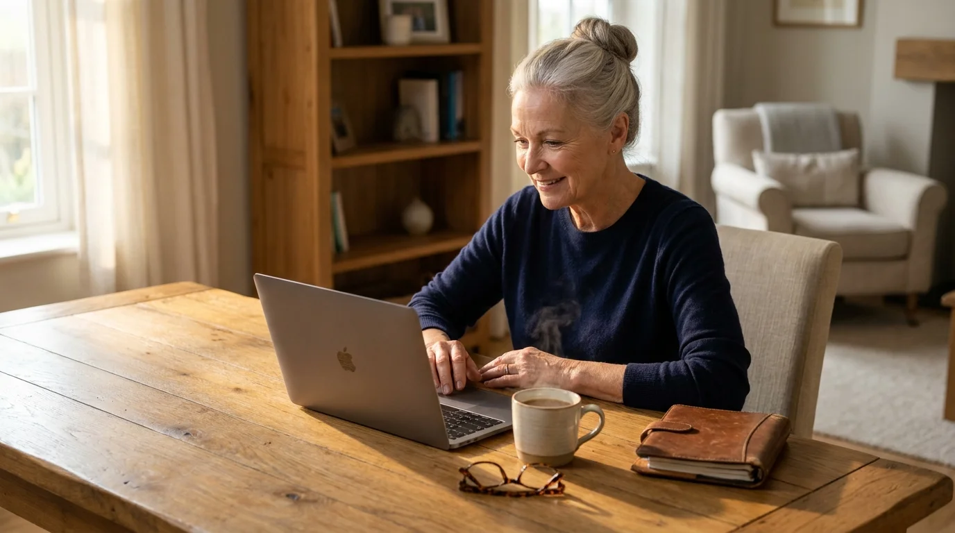 A senior woman working on a laptop at her sunlit dining table in a cozy home setting.