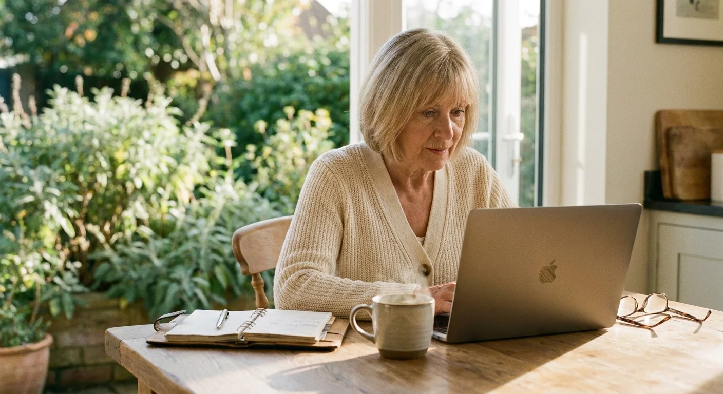 A senior woman works on a laptop at her kitchen table in the morning light, overlooking a garden.