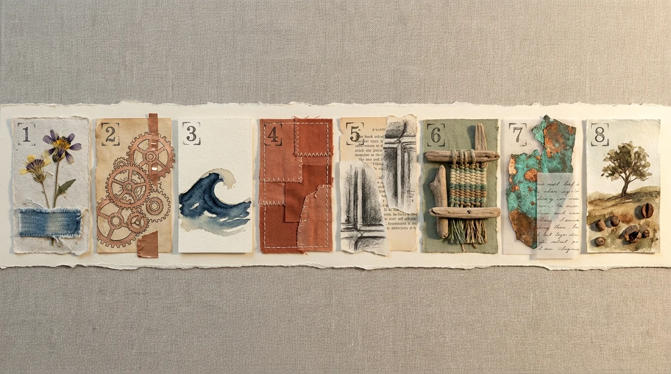 A series of eight artistic tiles in a collage, each representing a different psychological change during retirement.