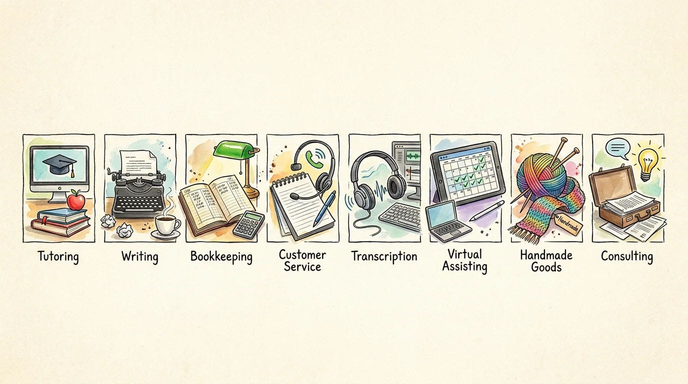 A series of eight watercolor icons representing different home-based side hustles like writing, tutoring, and crafting.