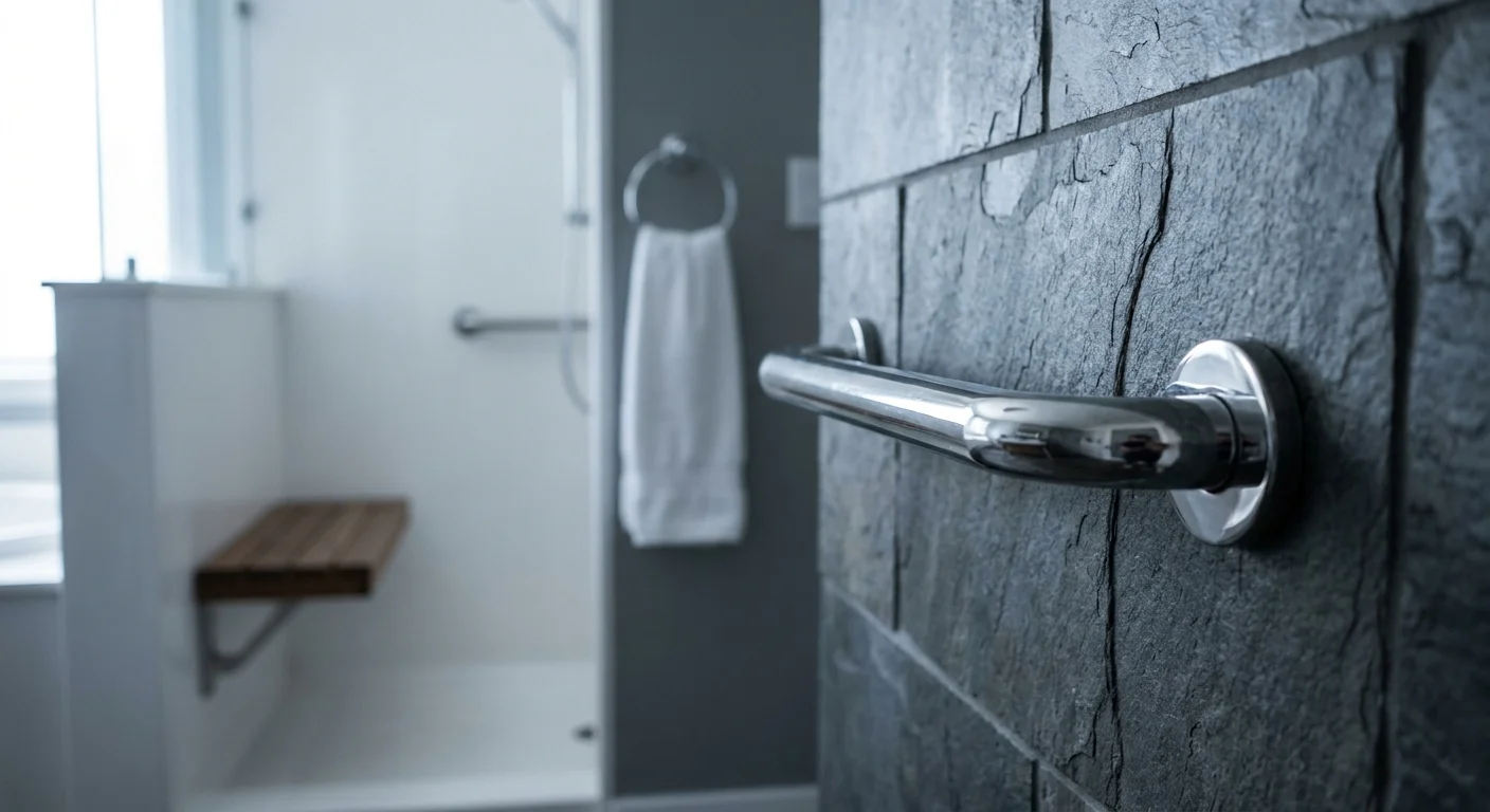 A sharp focus photo of a modern bathroom grab bar, symbolizing home modifications for long-term care.