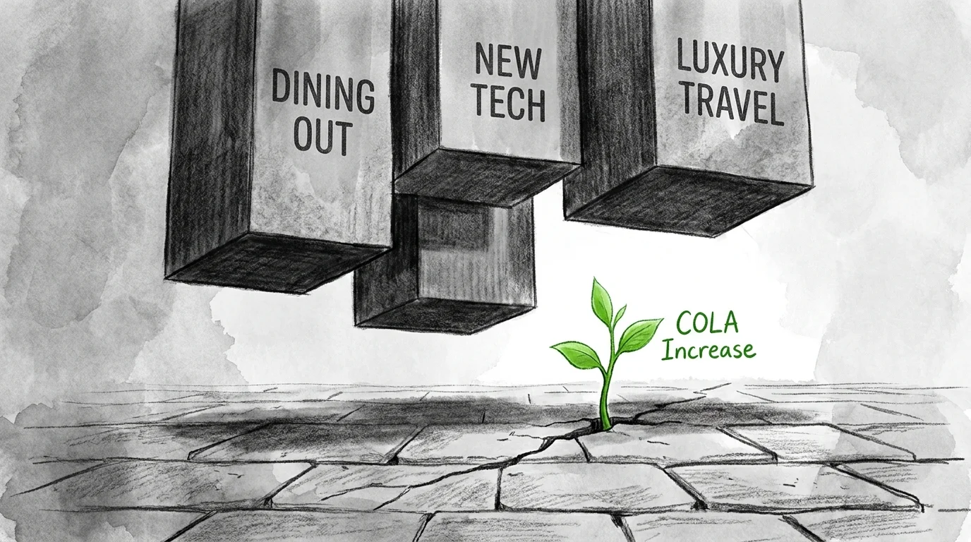A small green plant labeled COLA Increase being overshadowed by heavy blocks representing luxury spending.
