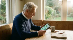 A smiling retiree in a sunlit home office looking at a tablet, representing purpose and financial freedom in 2026.
