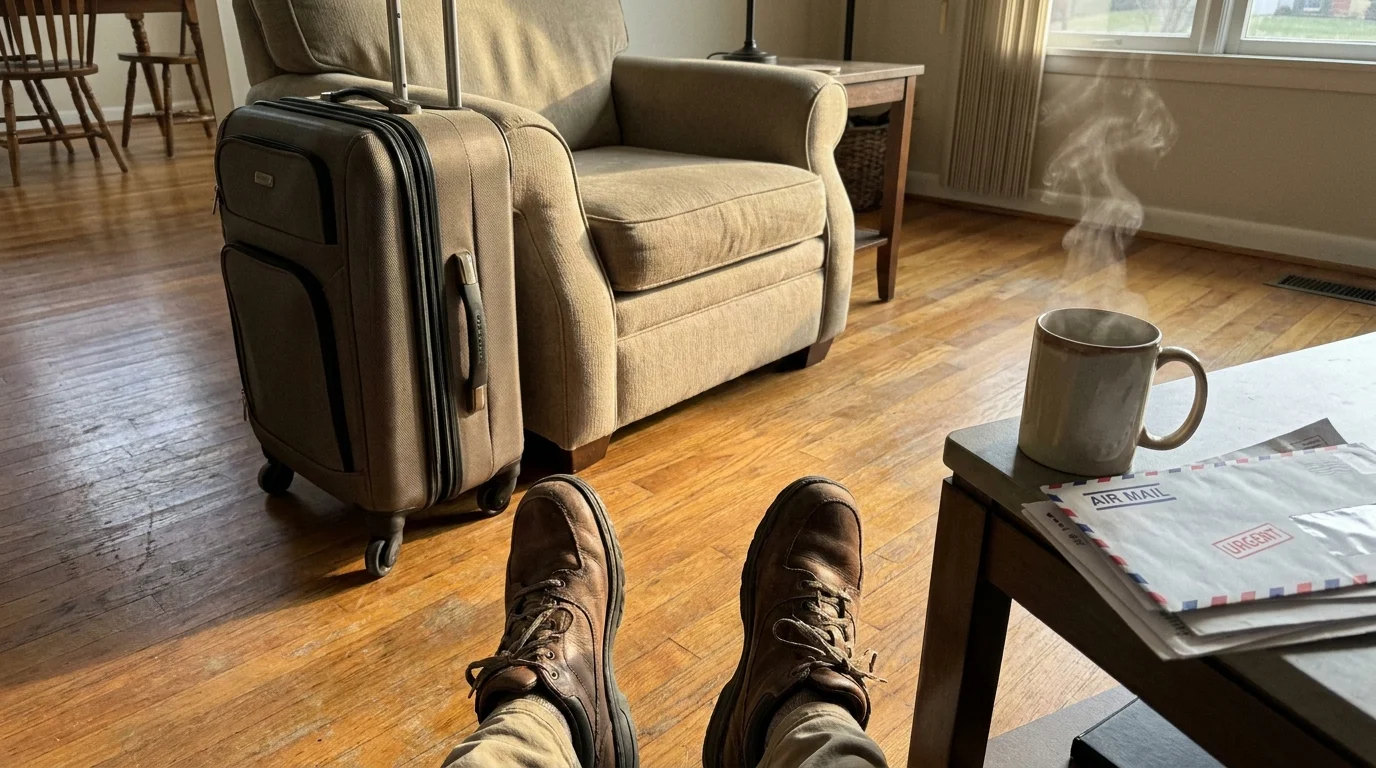 A snapshot of scuffed travel shoes and a suitcase next to a cozy armchair and a hot mug of tea at home.