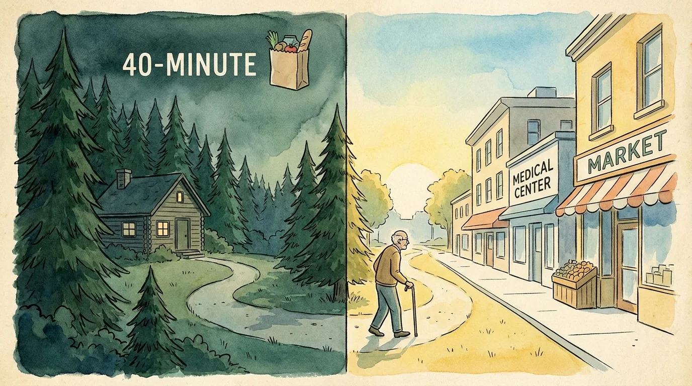 A split watercolor illustration comparing a remote forest cabin to a walkable town with a medical center and market.