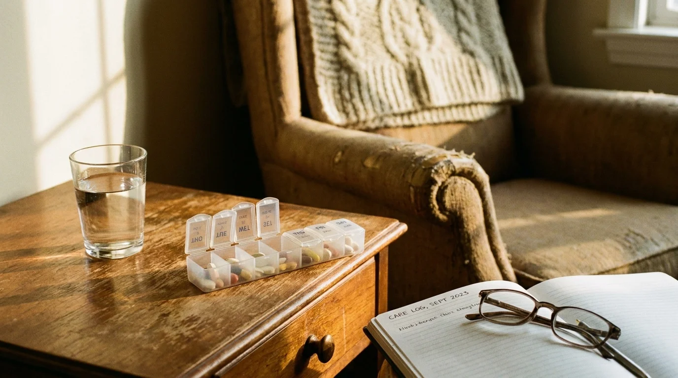 A still life of a nightstand with a pill organizer and water glass, representing the reality of long-term care needs.