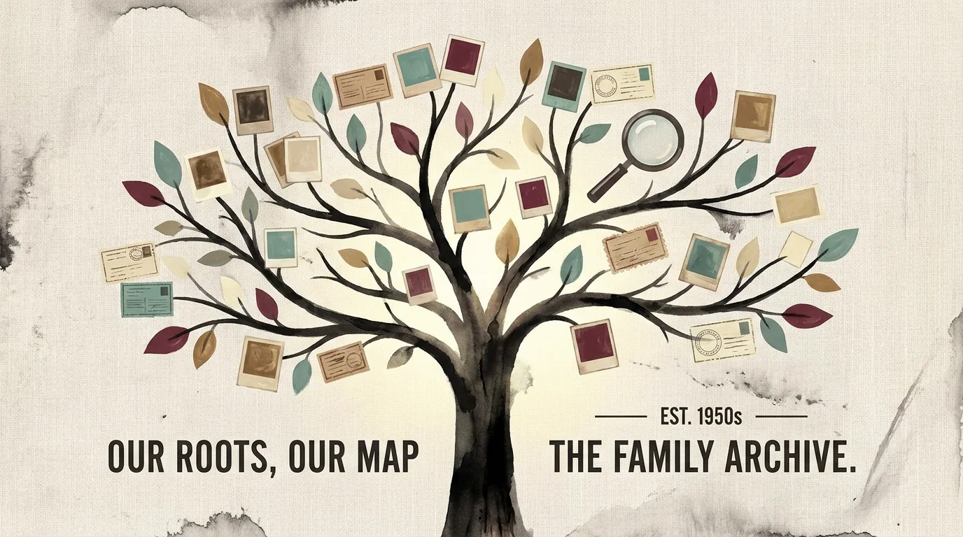 A stylized, artistic family tree with colorful leaves representing photos and documents.