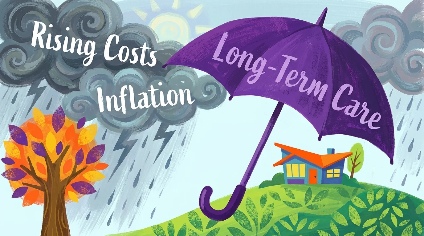 A stylized gouache illustration of a 'Long-Term Care' umbrella shielding a house from a storm of rising costs.