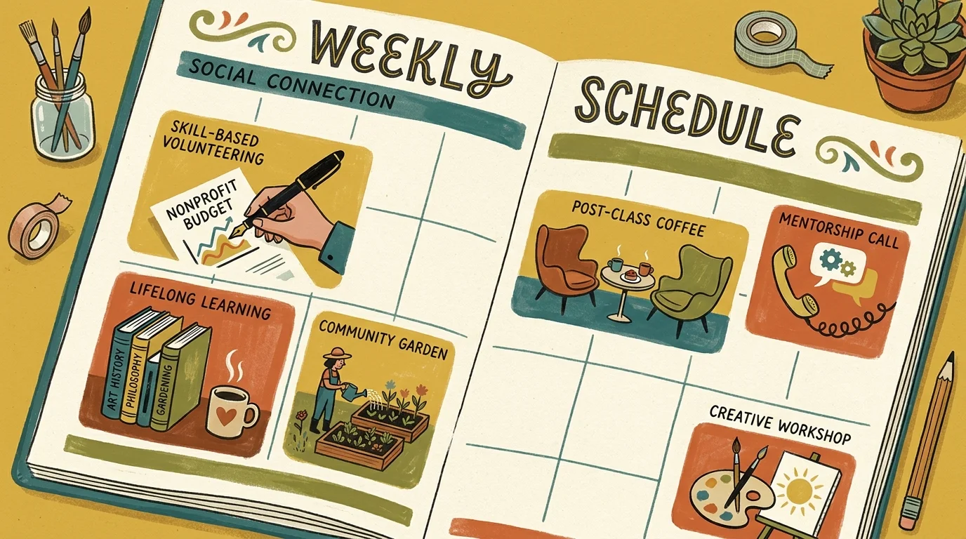 A stylized gouache illustration of a weekly planner featuring activities like volunteering and lifelong learning classes for seniors.