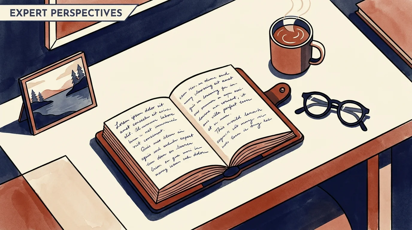 A stylized illustration of a desk with a journal, glasses, and a lake photo, representing expert planning.