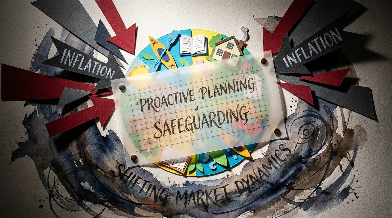 A symbolic collage showing a bright garden of activities protected by a grid-patterned shield from dark, jagged shapes.