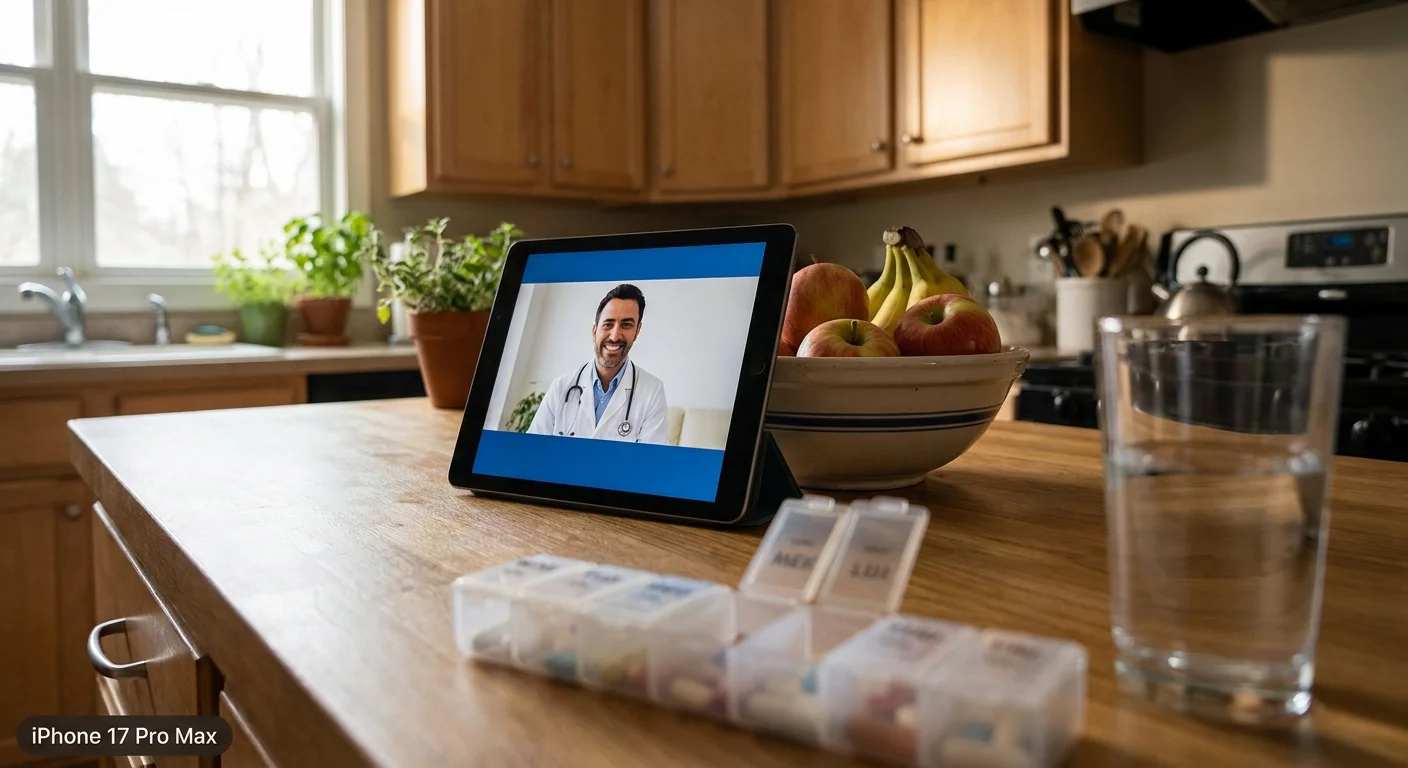 A tablet on a kitchen counter shows a telehealth doctor visit next to a pill organizer.