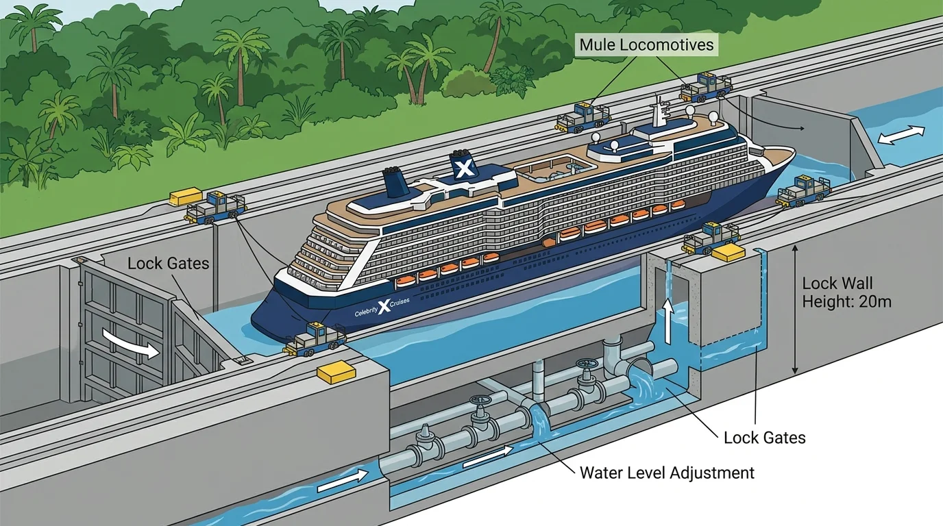 A technical cross-section diagram showing a cruise ship transiting through the locks of the Panama Canal.