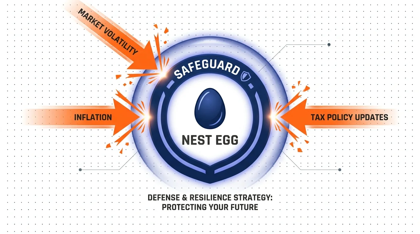 A technical diagram showing a 'Nest Egg' protected by a 'Safeguard' shield against arrows of volatility and inflation.