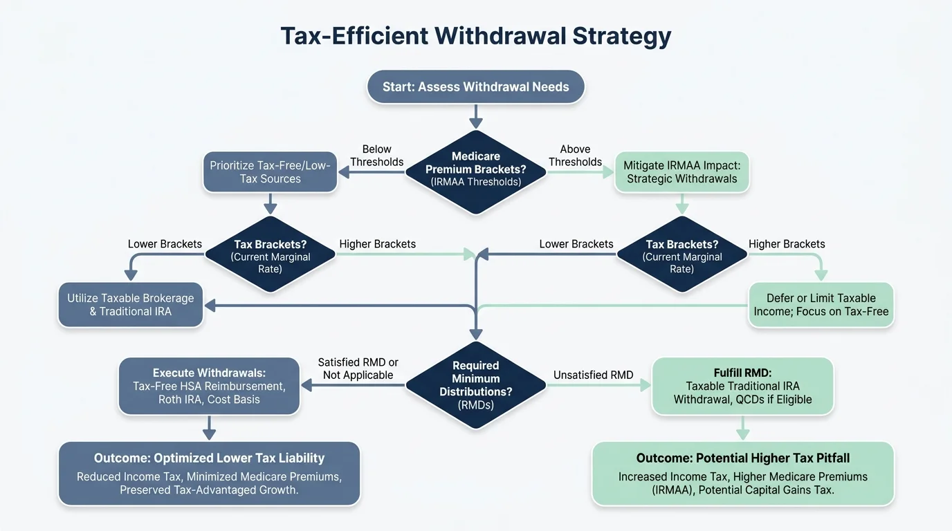 A technical flowchart showing the strategy for tax-efficient retirement withdrawals and healthcare planning.