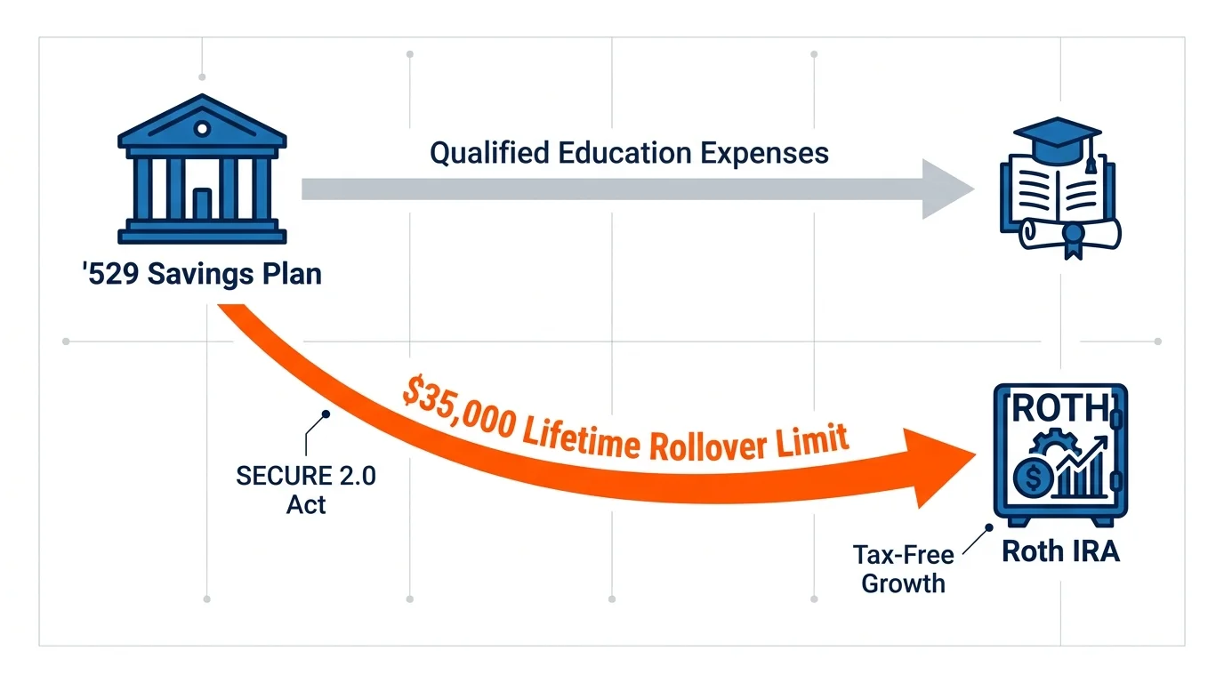 A technical infographic showing the flow of funds from a 529 plan to a Roth IRA with a $35,000 limit label.