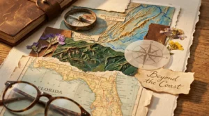 A textured mixed media collage showing a map of Florida peeling away to reveal mountain landscapes and travel artifacts.