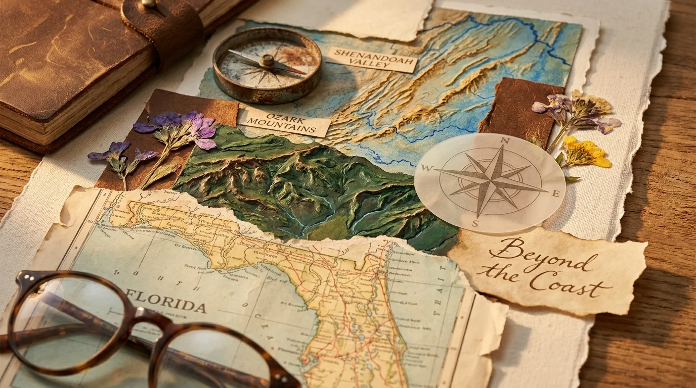 A textured mixed media collage showing a map of Florida peeling away to reveal mountain landscapes and travel artifacts.