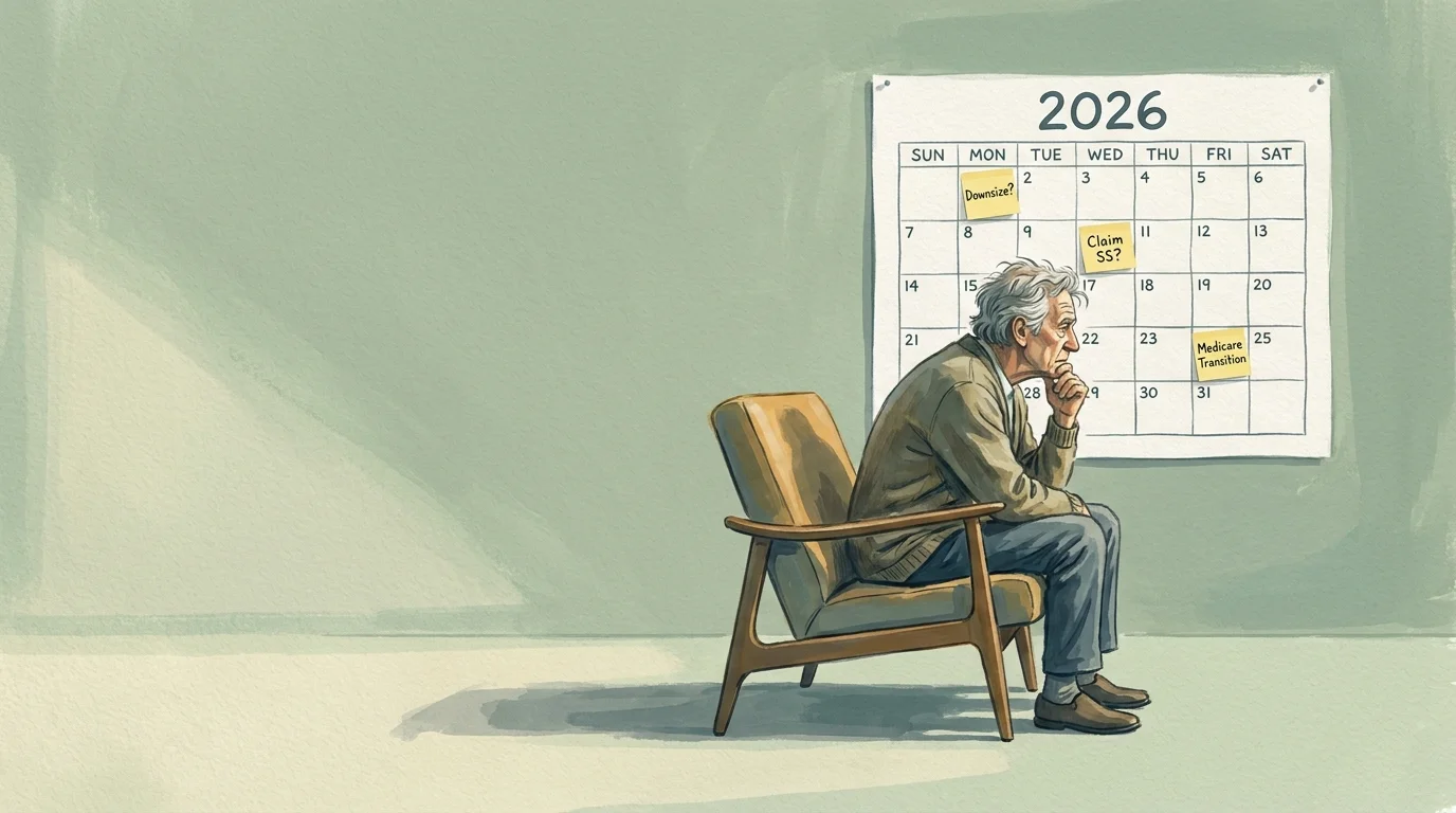A thoughtful senior looking at a 2026 calendar filled with financial decision reminders in a soft gouache illustration style.