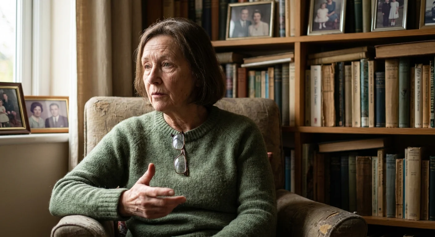 A thoughtful senior woman sitting in a home library, representing an expert on family bonding.