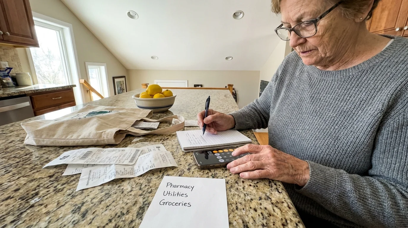 A top-down view of a senior woman's hands as she calculates her budget next to grocery receipts on a kitchen counter.