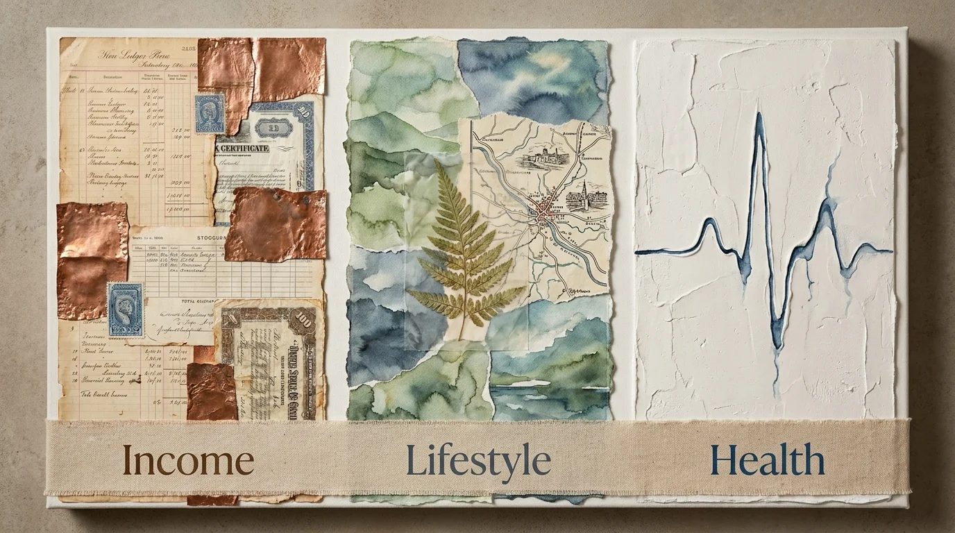 A triptych collage of three pillars representing income, lifestyle, and health as the foundations of a new identity.