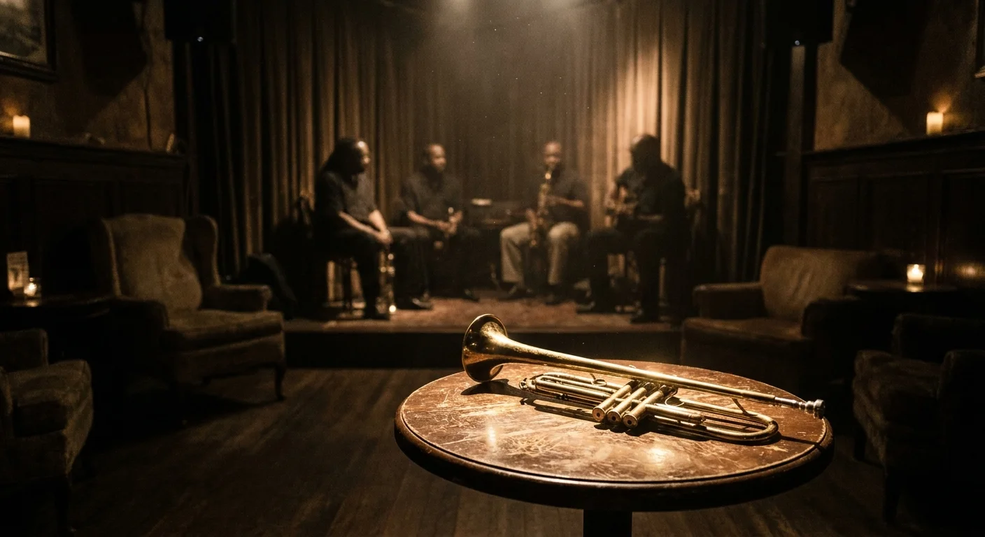 A trumpet sits on a table in a dark, atmospheric New Orleans jazz club with a band blurred in the background.