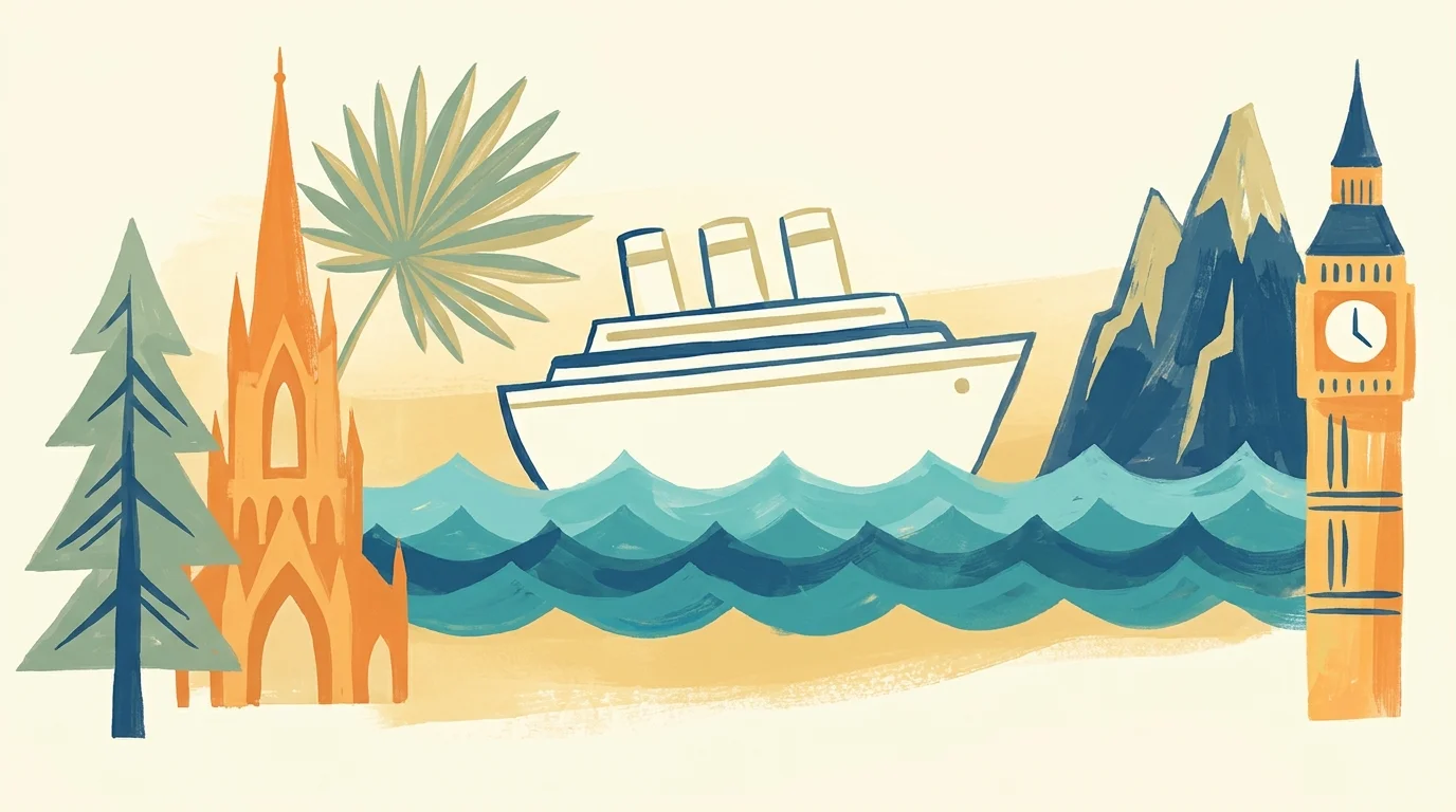 A vibrant gouache illustration featuring a cruise ship surrounded by symbols of global travel destinations.