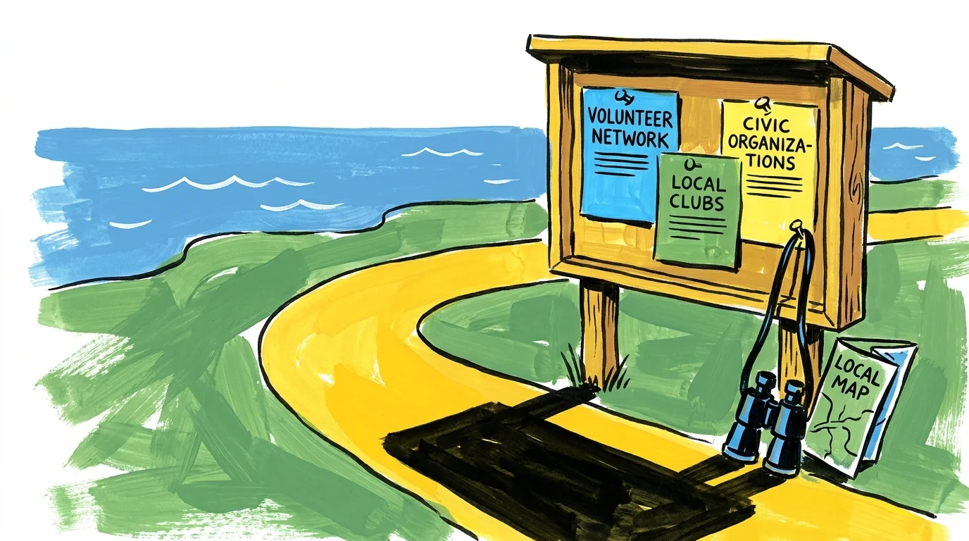 A vibrant gouache illustration of a community bulletin board with flyers for volunteering and clubs by a lake.