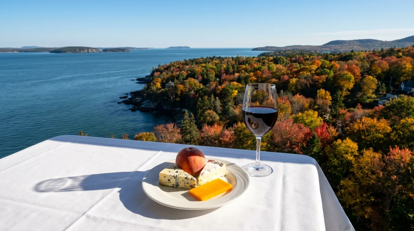 A view of the vibrant New England fall foliage from a luxury ship's balcony with a glass of wine in the foreground.