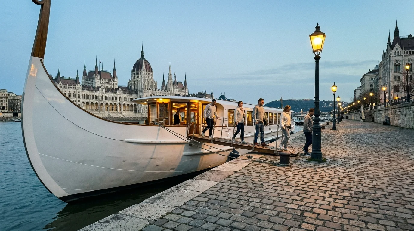 A Viking river cruise ship docked along the cobblestone banks of the Danube River in a European city at twilight.