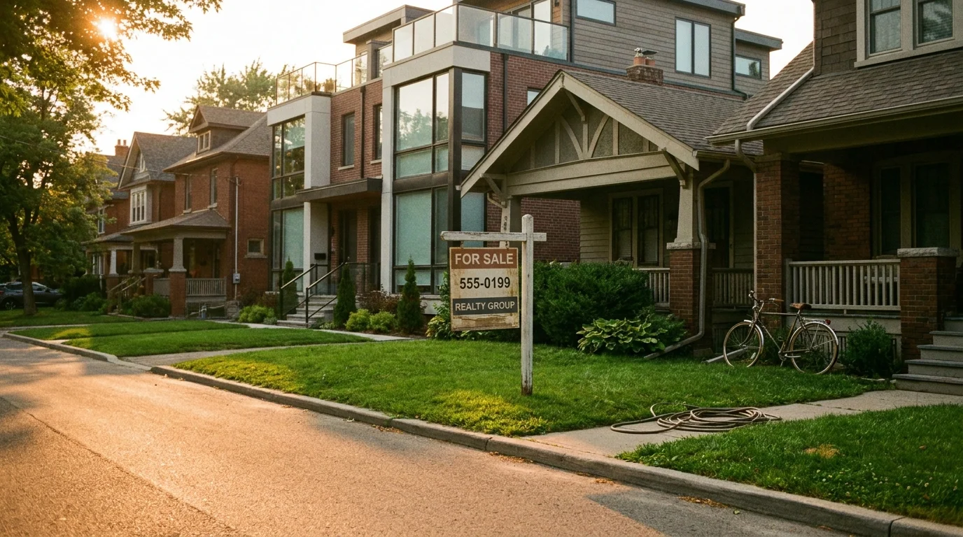 A warm film photograph of a suburban street with a for sale sign, representing the research phase of home buying.