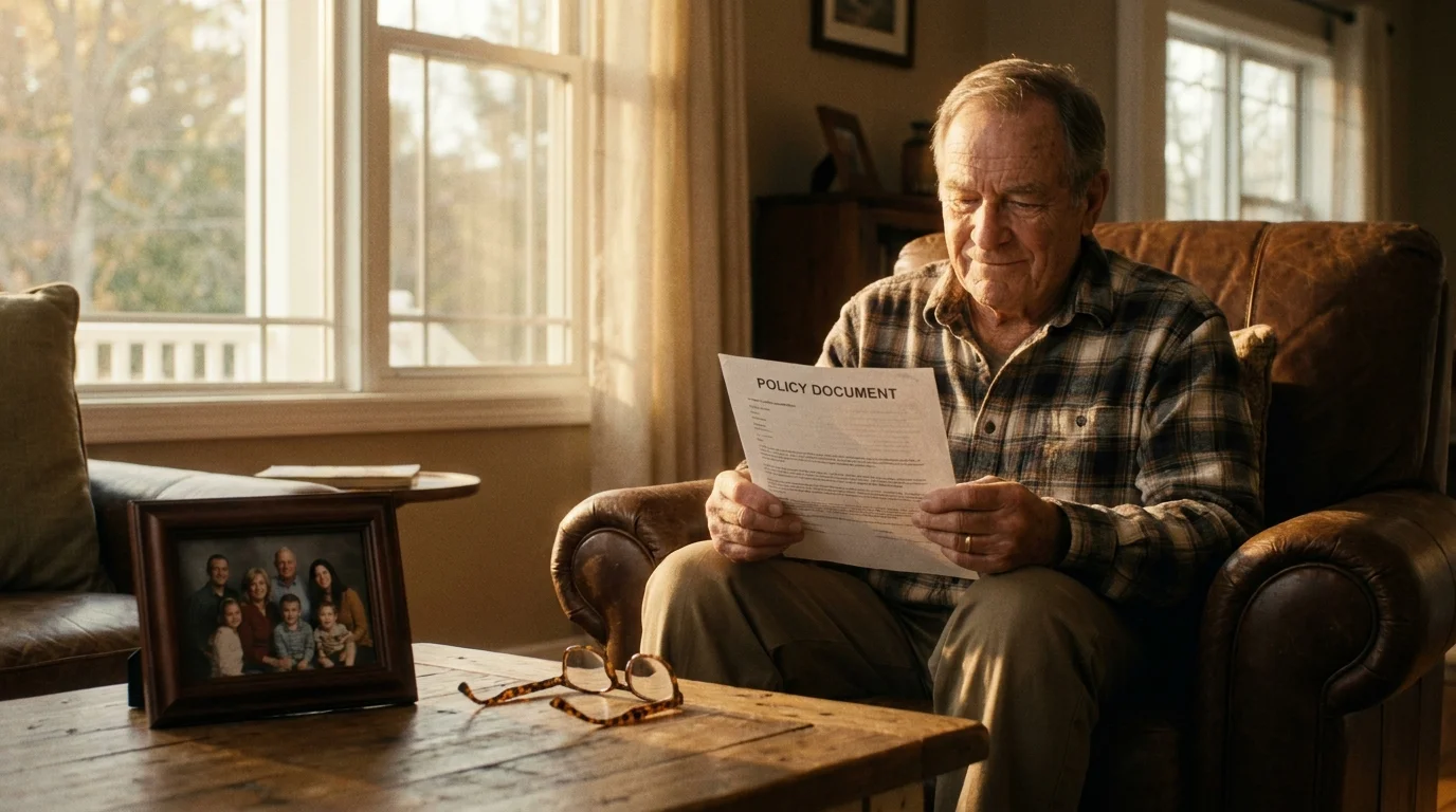 A warm, film-style photograph of a senior man in a living room reviewing an insurance policy document.