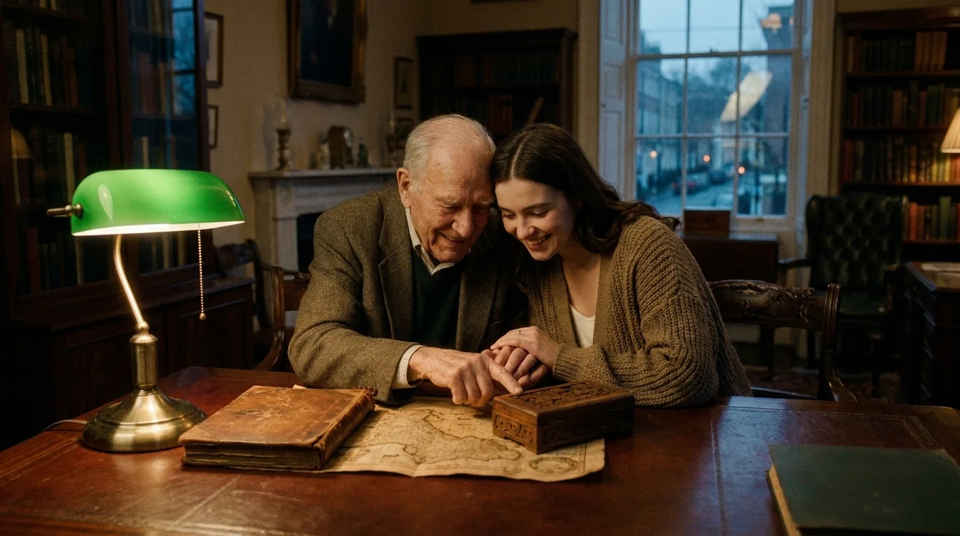A warm, intimate photograph of a grandfather sharing family history with his grandchild in a cozy library.