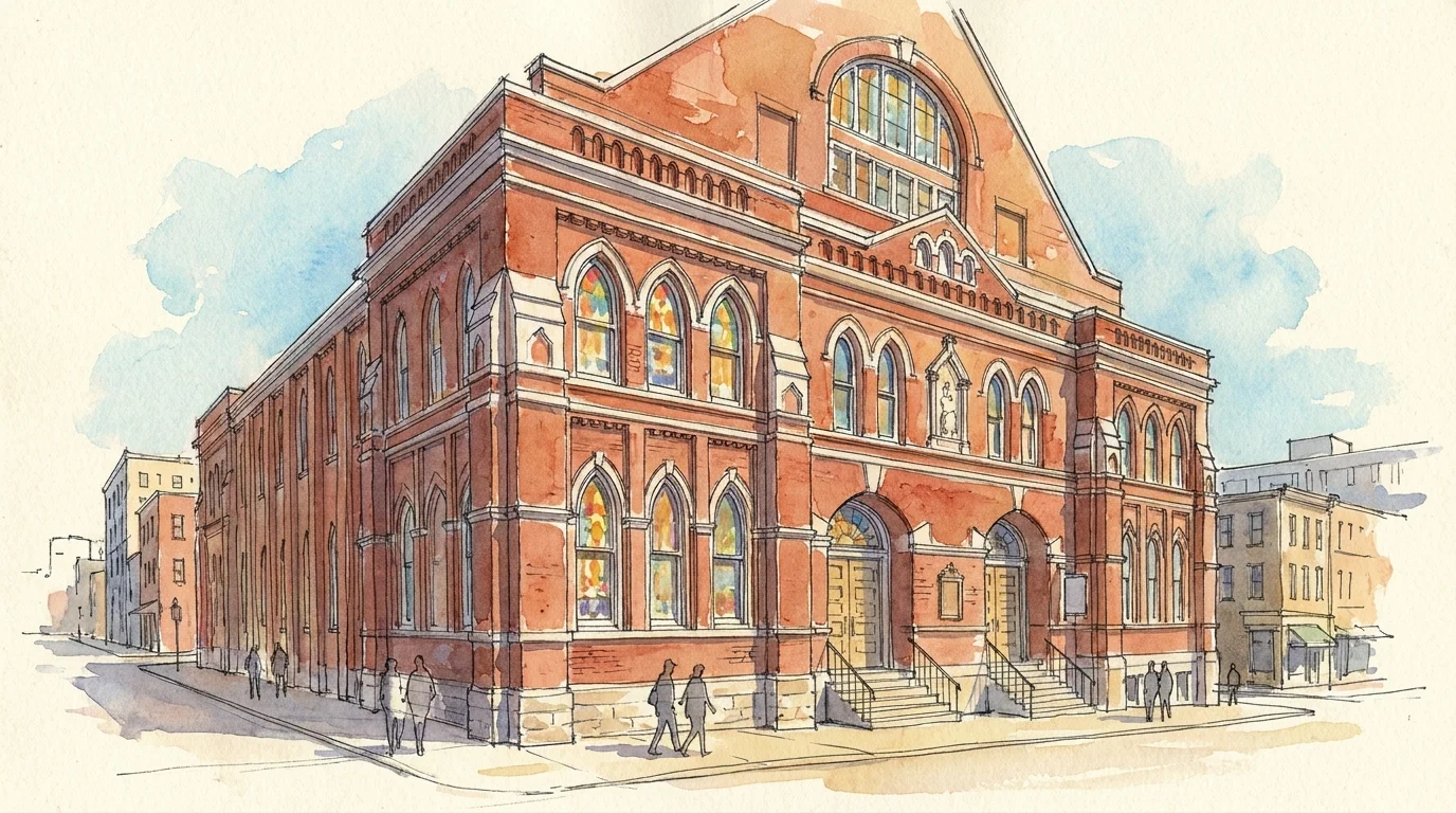 A watercolor and ink sketch of the historic Ryman Auditorium in Nashville, Tennessee.